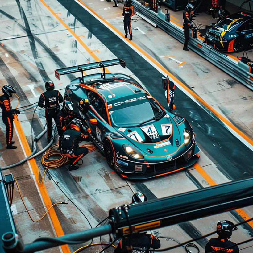 Motorsport workshop with racing car